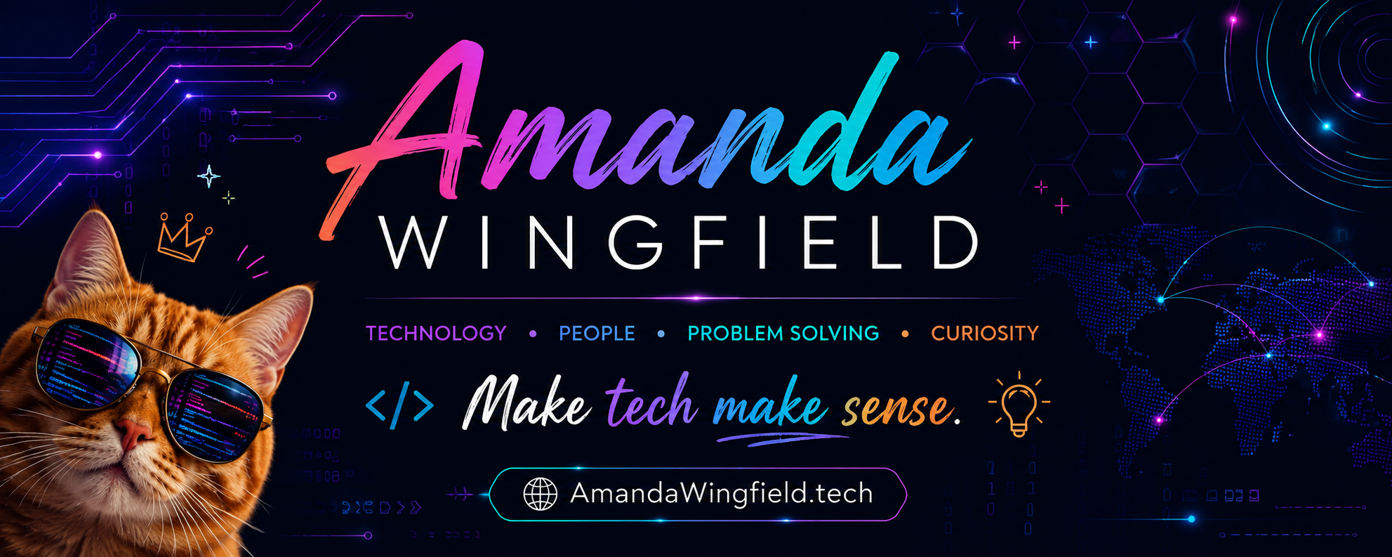 Amanda Wingfield's neon technology-themed personal brand banner