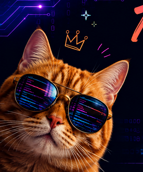Orange cat wearing sunglasses reflected with colorful code